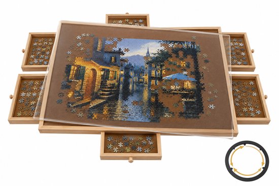 Puzzeltafel met 6 laden, een glazen afdekplaat en een draaischijf. Het puzzelafbeeldt een dorpje bij nacht.