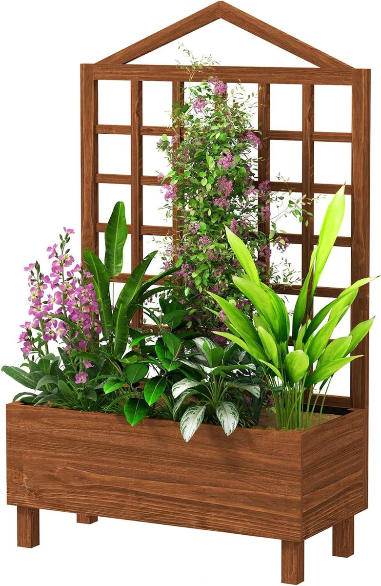 Houten plantenbak - Verhoogd bed - Planten kweken - Met klimrek - 90 x 43 x 150 cm - Bruin