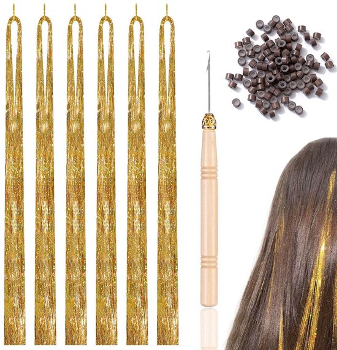 6 Stuks 1200 Glitter Haar Strengen Lametta voor Haar, Tinsel Haar Extensions, Glitter Strengen Haar Extension Fairy Haar Lametta Haar Extension Set (Goud)