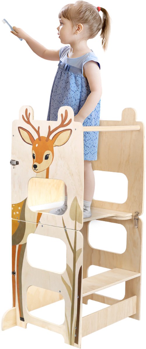 PIPIPOXER- 4-in-1 leertoren -Inklapbaar- Learning Tower -Montessori Leertoren-Keukentoren, Kindertrap, Tekenbord - Keukenhulp- Speeltafel-Kinder trapje - sika herten