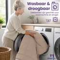 Een vrouw doet een beige dekbed in een wasmachine. Tekst: 'Wasbaar & droogbaar. Dekbedden zijn geschikt voor wasmachine en droger.'