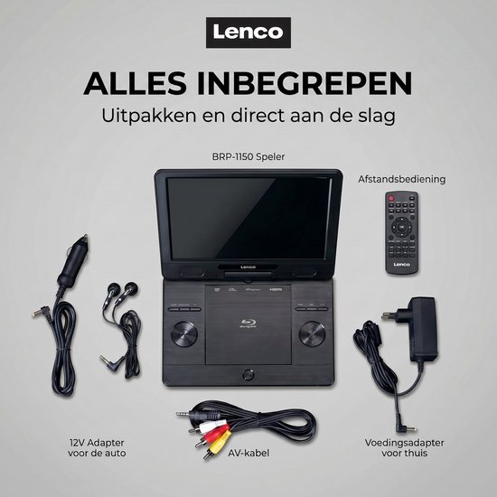 Lenco Draagbare DVD Speler BRP-1150BK - 11.5 inch scherm - Draaibaar - Oplaadbare Accu en 12V stroomkabel - Zwart van Lenco — afbeelding 5