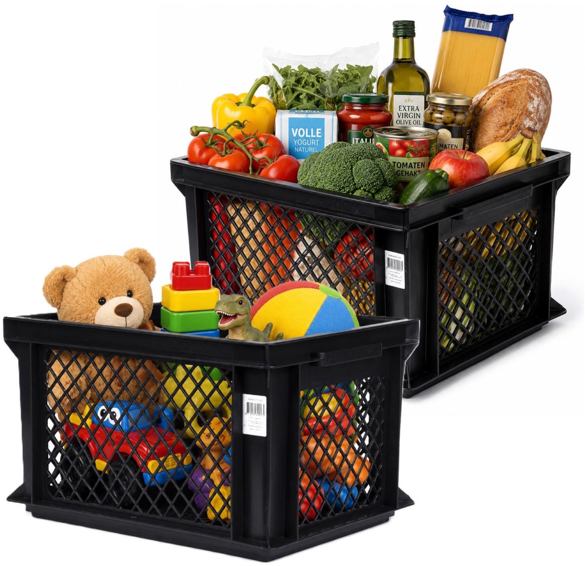 Bellatio Design opbergbox - 2x - opbergkrat - zwart - 40 x 30 x 22 cm - kunststof - open structuur - opbergers - kisten - garage/zolder