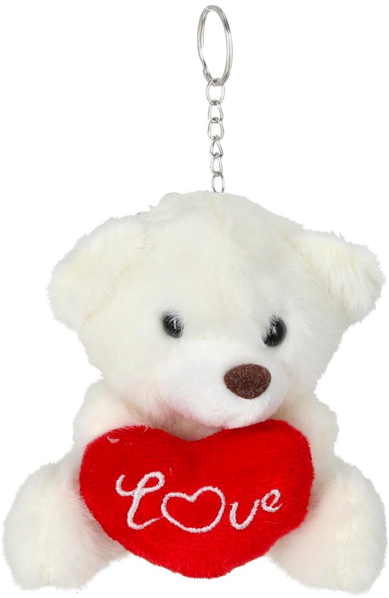 Cepewa Sleutelhanger beertje love - wit - H10 cm - pluche - knuffelbeer - valentijnsdag