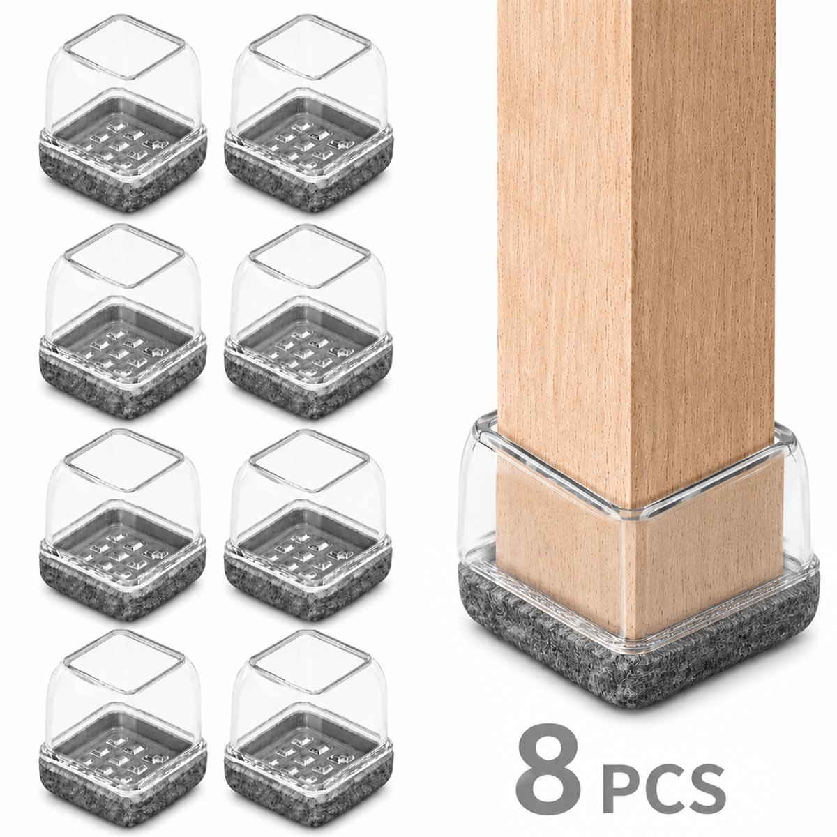 Vierkante Meubelpootdoppen – Stoelpootdoppen – TPE + Vilt – Anti-Kras & Geluidsdempend – Voor Stoelen, Tafels & Meubels – Thuis & Kantoor – Transparant/Grijs – 28-35 × 28-35 mm – 8 Stuks