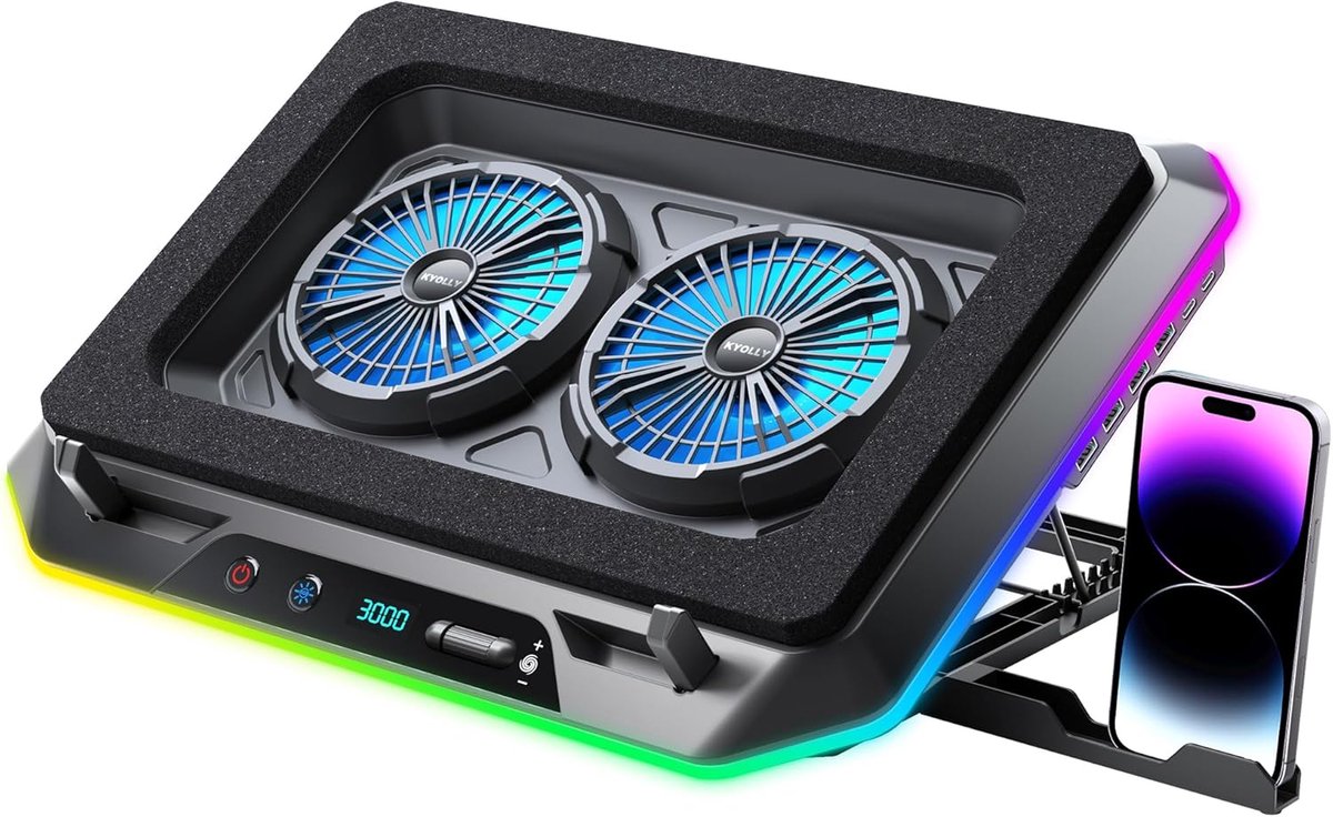 RGB-koelpad voor gaming-laptops met twee turboventilatoren (3000 tpm), snelle koeling voor laptops van 15,6 tot 19,3 inch, variabele snelheidsregeling, 6 instelbare hoogtes, 10 RGB-verlichtingsmodi en 4 USB-poorten