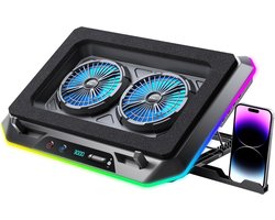 RGB-koelpad voor gaming-laptops met twee turboventilatoren (3000 tpm), snelle koeling voor laptops van 15,6 tot 19,3 inch, variabele snelheidsregeling, 6 instelbare hoogtes, 10 RGB-verlichtingsmodi en 4 USB-poorten
