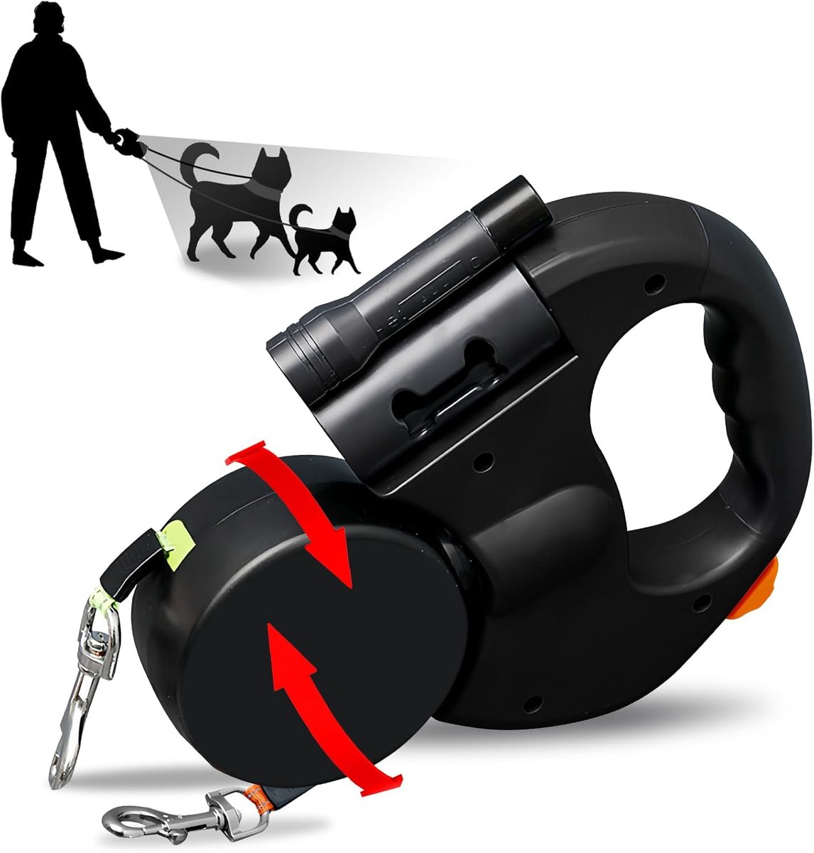 SnelShoppen - Hondenriem Dubbele Lijn voor 2 Honden met LEDlicht, Intrekbare Lijn met Comfortabele Handgreep, Rollijn, Reflecterend Nylon, Zwart