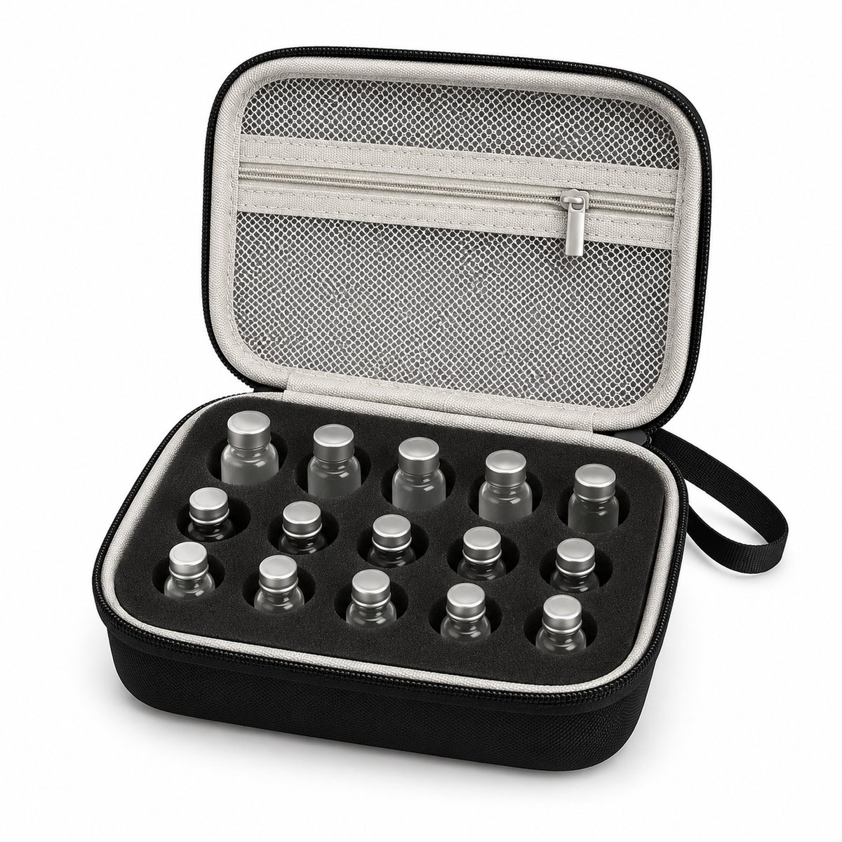 Ryoudavell - Peptide case - Insuline Flesjes Opbergtas - Hardcase Reisetui voor 15 Flacons - Schokbestendige Medische Koeltas Organizer met Schuimrubberen Vakken - Zwart