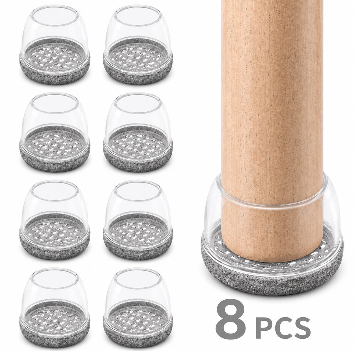 Ronde Meubelpootdoppen – Stoelpootdoppen – TPE + Vilt – Anti-Kras & Geluidsdempend – Voor Stoelen, Tafels & Meubels – Thuis & Kantoor – Transparant/Grijs – 30-40 mm – 8 Stuks