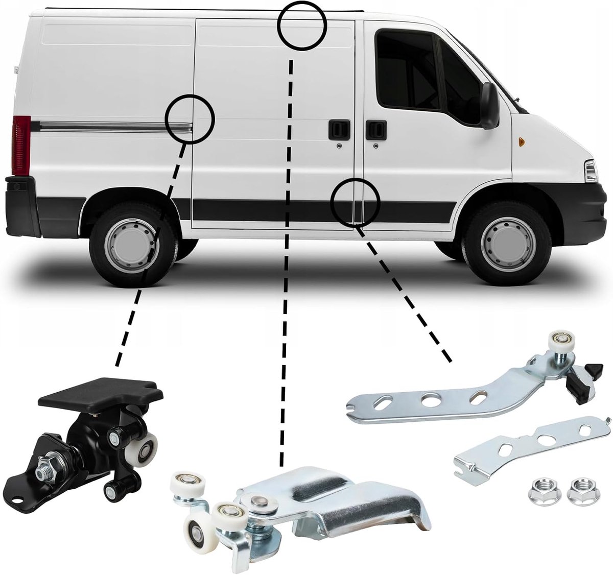 SnelShoppen - Wielen voor rechter zijdeur vervanging Fiat Ducato, Peugeot Boxer en Citroen Jumper 2006-2024 - zijdeurrolset, rolgeleiding schuifdeur,