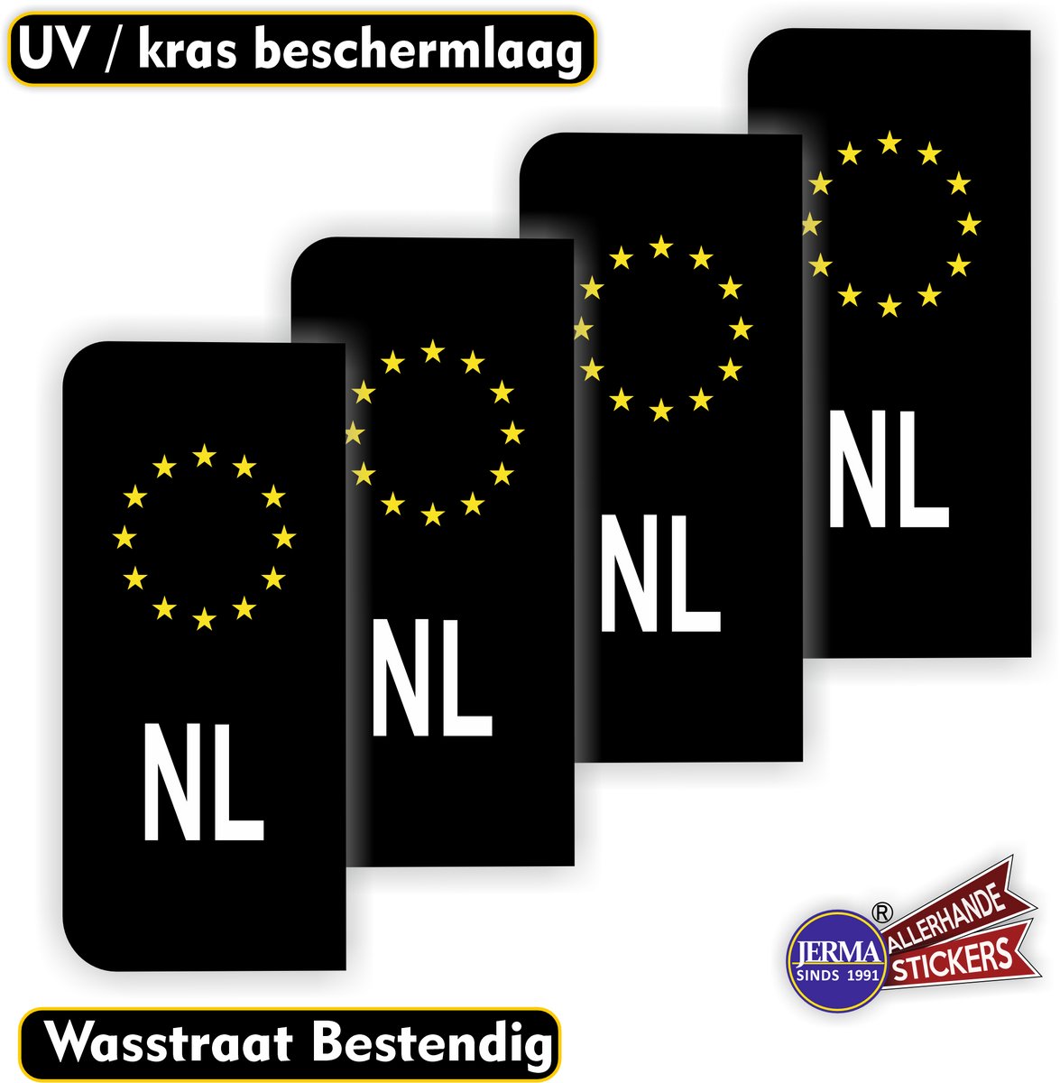 Jerma - Kenteken sticker - 4 st. zwart-wit - NL - 4.5 x 10 cm - Vinyl - zelfklevend - beschermlaag