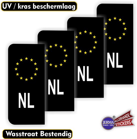 Vier zwarte kentekenplaten met de tekst NL en de Europese sterrenkrans. Bovenin staat "UV / kras beschermlaag".