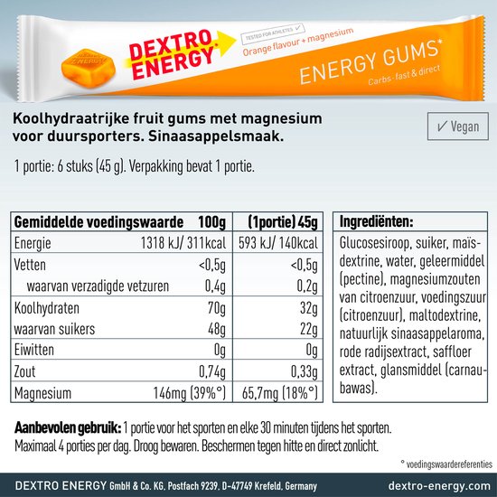 Dextro Energy Energie Gums - Sinaasappel + Magnesium Energie Bar - Vegan Energie Reep - 8 porties (8 x 45 gram ) — afbeelding 2