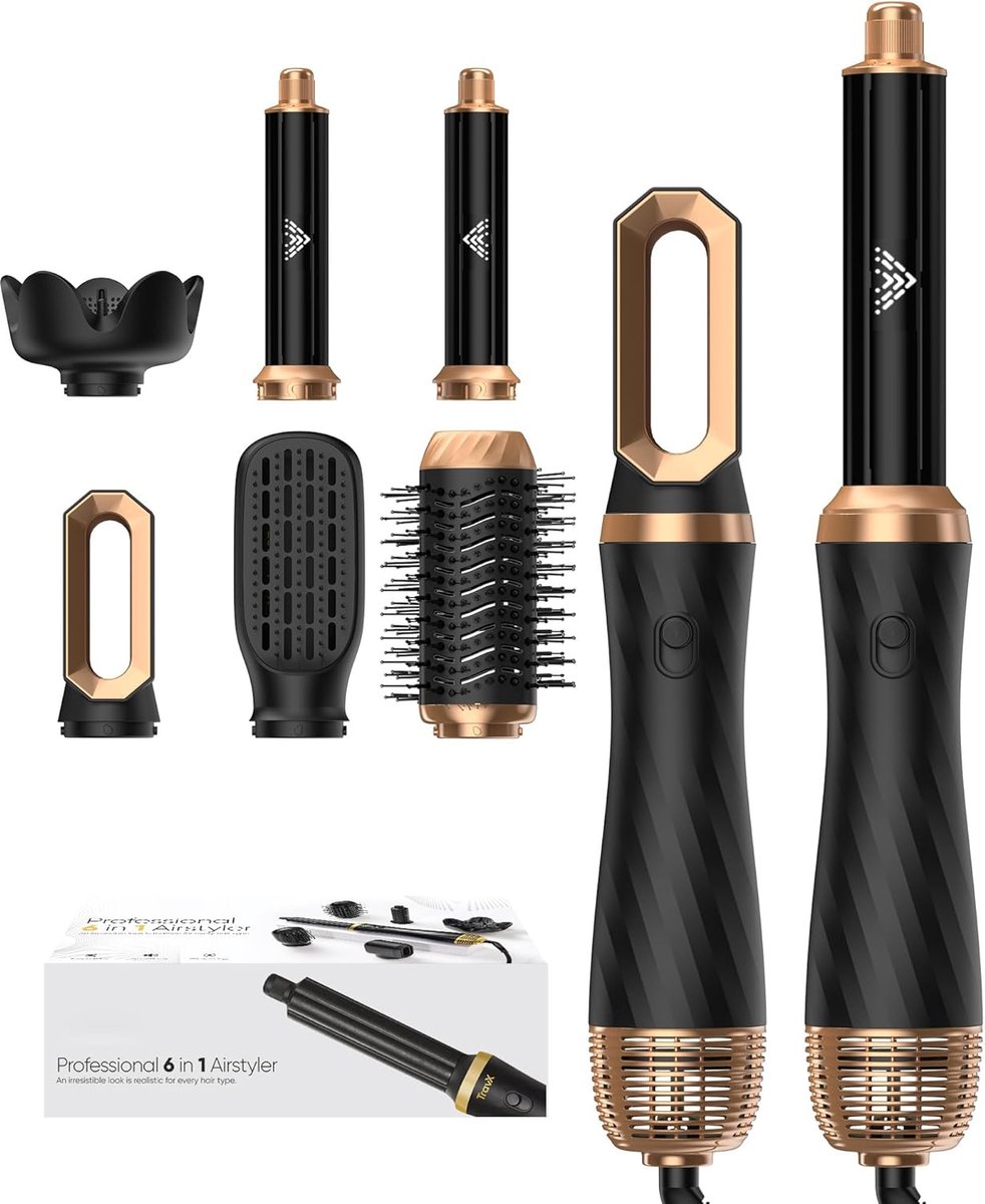 SnelShoppen - Hair Styler Set 6-in-1 Airstyler met Ronde Borstelföhn, Warme Luchtborstel, Föhn, Krultang en Volume Borstel voor Gladmaken, Drogen, Vol
