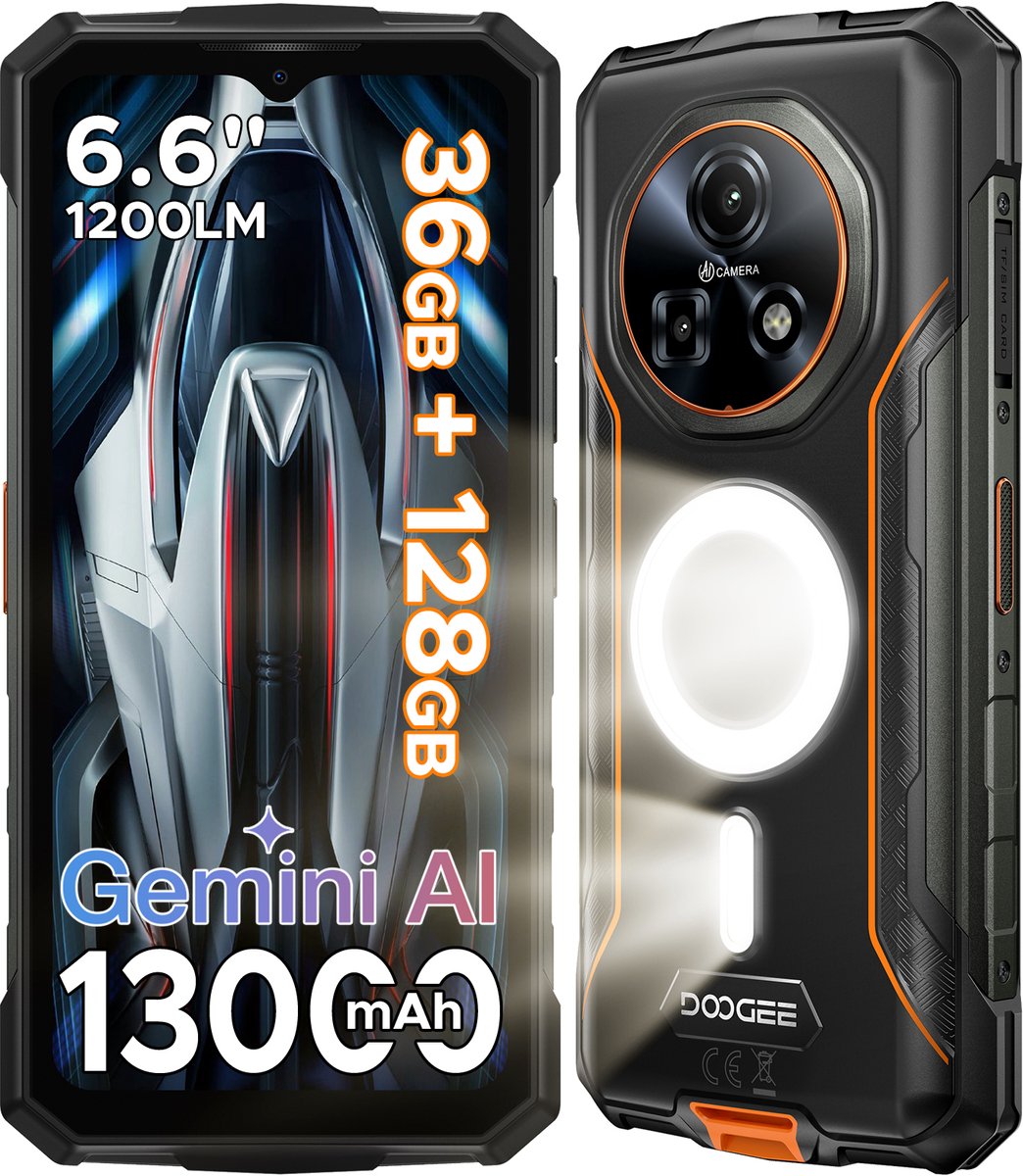 DOOGEE Fire 5 Ultra - Smartphone - Robuuste Smartphone - 36GB RAM + 128GB ROM/2TB TF - Android 16 - 13000mAh/18W - 6,6 inch 90Hz Scherm - IP68 Waterdicht - 1200LM Kampeerlamp - Gemini AI - NFC & GPS - Face ID - Oranje