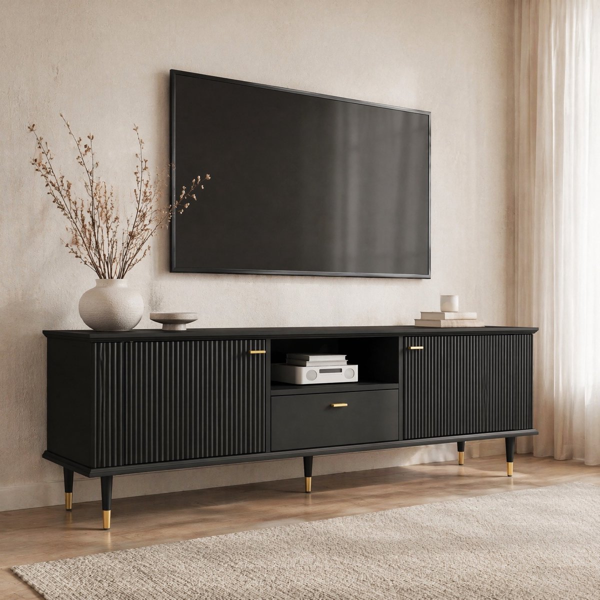 Wishdor - TV-meubel - open vak en lade - 2 deuren met soft-close - modern design voor woonkamer - gelakte houtlook - zwart - 170 x 36 x 54 cm
