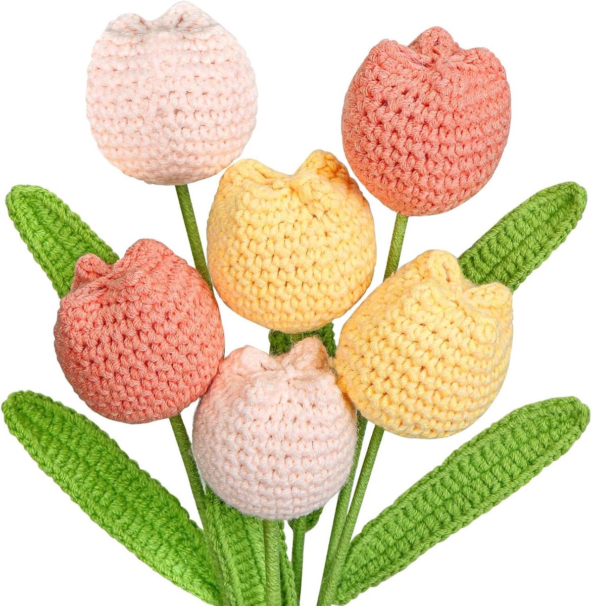 Gehaakte Tulpen - Kunstbloemen Decoratie - Woonkamer Aankleden - Buigbare Stelen - 6 Stuks - Pastelkleuren