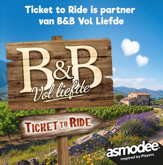 Een houten bord met 'B&B Vol Liefde' en een pijl met 'Ticket to Ride' in een wijngaard met lavendel.