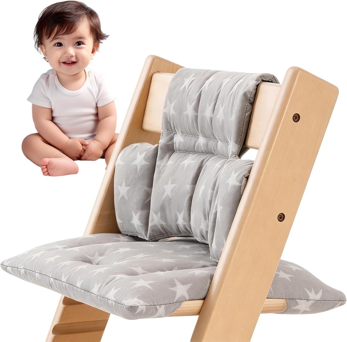 SnelShoppen - Antislip Kinderstoel Zitkussen Set 2-delig voor Stokke Tripp Trapp, Biologisch Katoen, Vervangende Overtrek met Klittenbandsluiting, Com