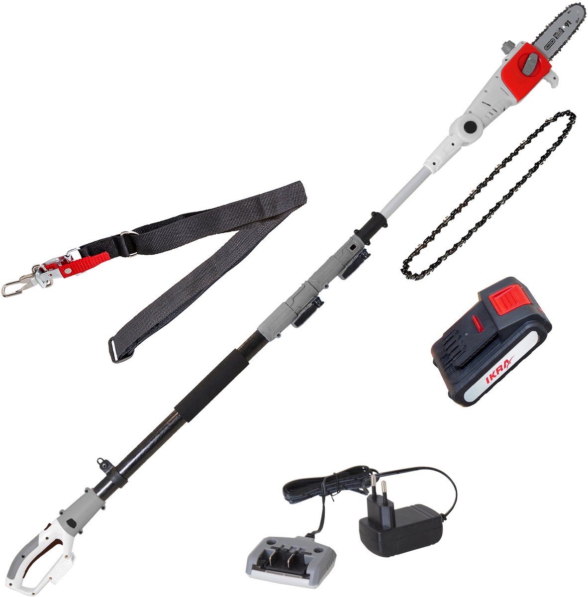 IKRA telescopische accu-hoogsnoeier ICPS 2020, werkhoogte tot 4 meter, inclusief 20 V accu, oplader, schouderriem en reserveketting