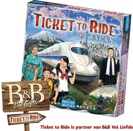 Doos van Ticket to Ride Japan, met een Shinkansen, Fuji, stad en vier personen.