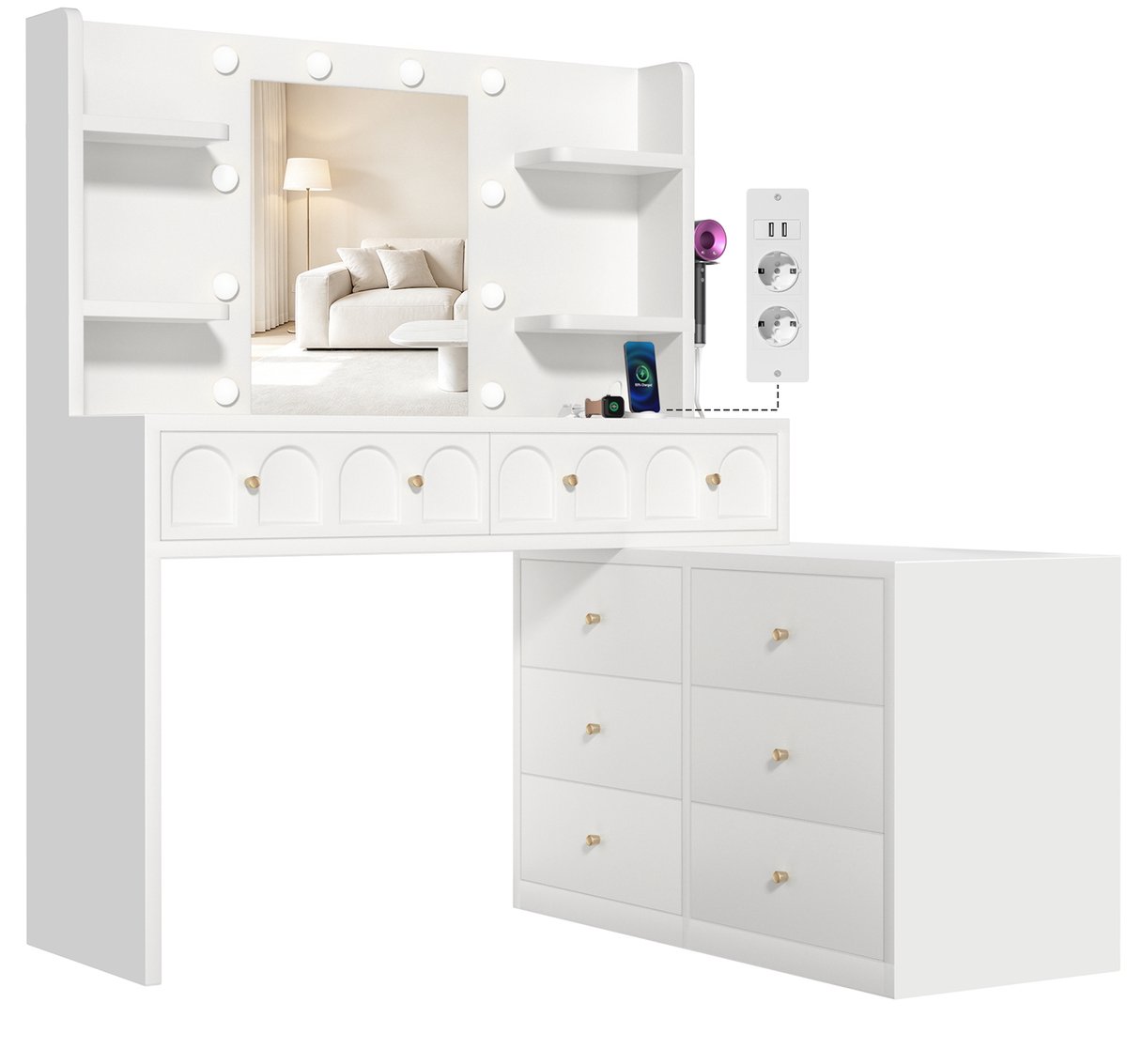 Lexzurn Kaptafel - kaptafel met spiegel - 3 soorten LED-verlichting - draaibaar L-vormig - Met haak voor föhn - Met Stopcontacten & USB-poorten- 8 laden en 11 open opbergruimten - 164x135x40 cm - Voor Slaapkamer Kleedkamer - Wit