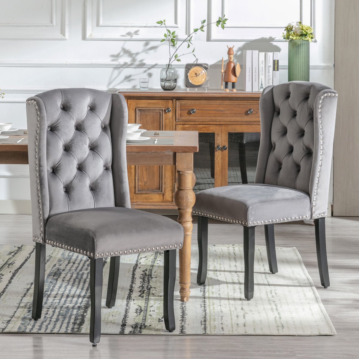 COVREO Eetkamerstoel 100 x 45 cm - set van 6, velvet, grijs, knopen en eiken poten