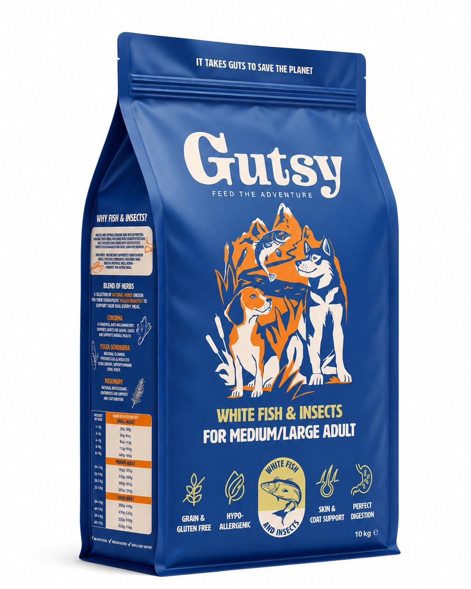 Gutsy Gutsy White Fish Medium/Large Adult - Hondenvoeding - 10kg - Hypoallergeen & Graanvrij Hondenvoer - Natuurlijk - Duurzaam & Gezond Hondenbrokjes