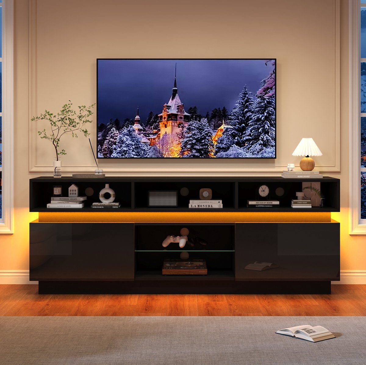Wishdor TV-meubel - 160 cm breed - 10 opbergvakken met LED-verlichting - modern woonkamermeubel - houtlook en gehard glas - zwart - 160 x 35 x 60 cm