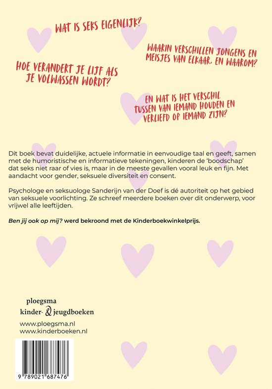 Boek met tekst in het Nederlands en illustraties van hartjes. Titel: Wat is seks eigenlijk?