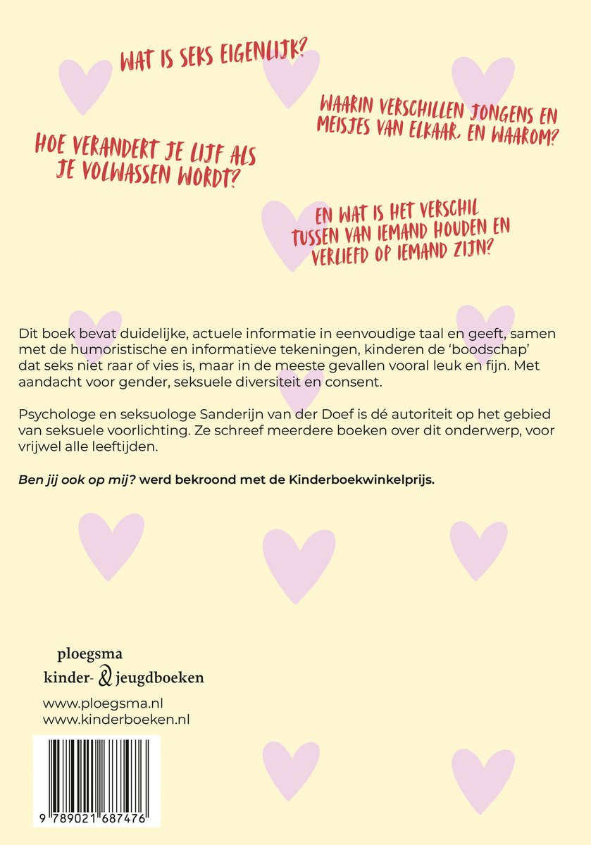 Boek met tekst in het Nederlands en illustraties van hartjes. Titel: Wat is seks eigenlijk?