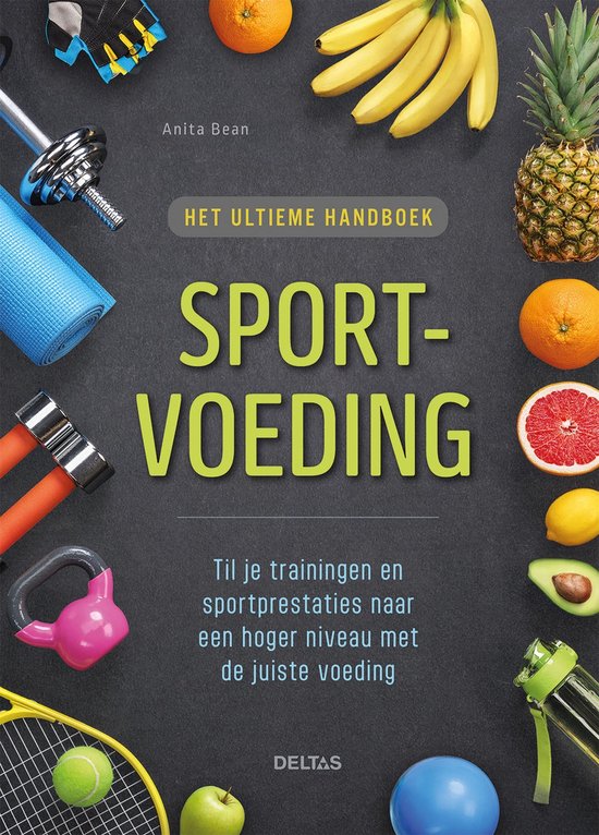 Couverture de livre intitulée 'Het ultieme handboek Sport-Voeding' entourée de fruits et d'articles de sport.