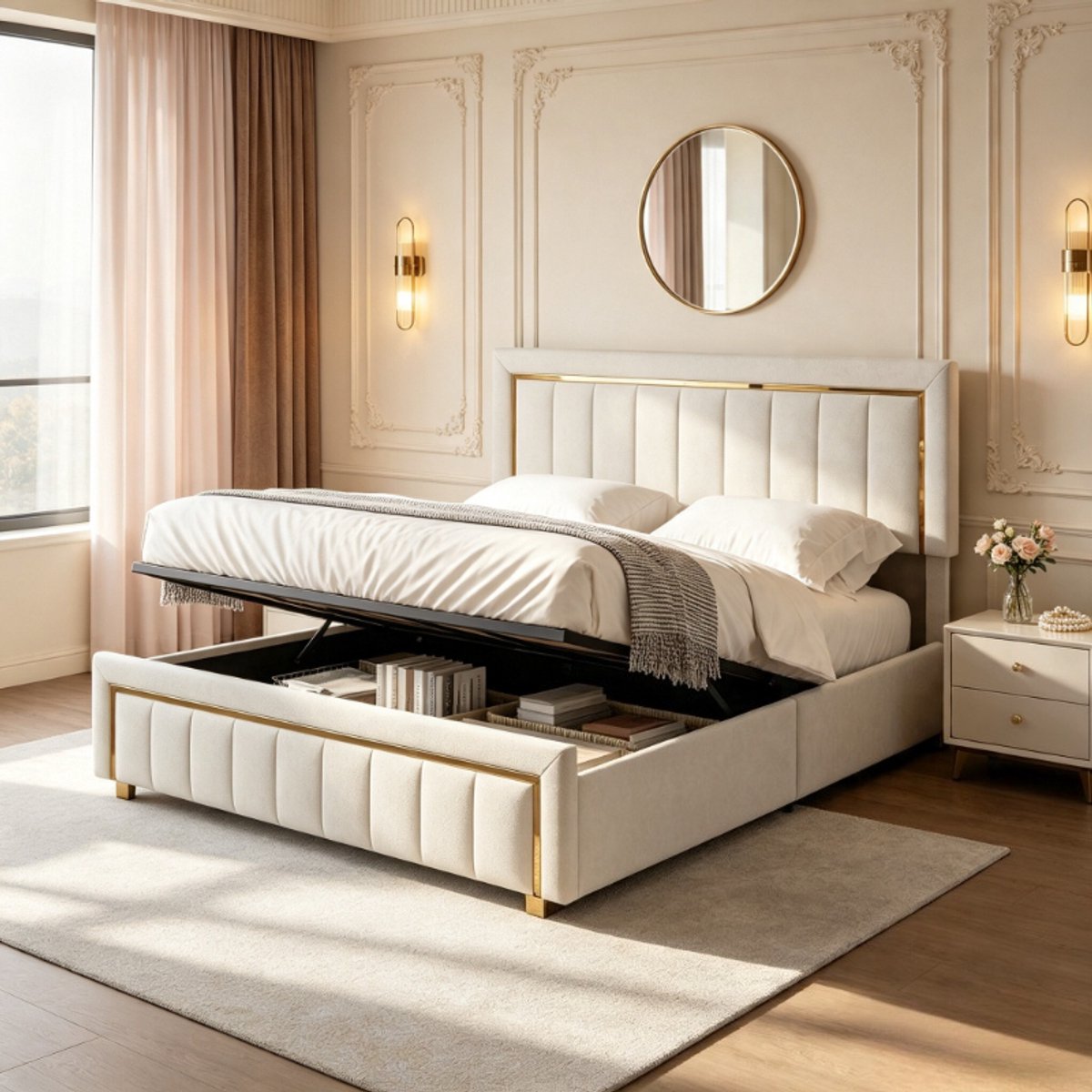 Tweepersoonsbed 160x200 cm, volwassen bed en 2 persoonsbed met hoofdbord, gestoffeerd bed met verticale bekleding en gouden rand, fluwelen bed beige, zonder matras