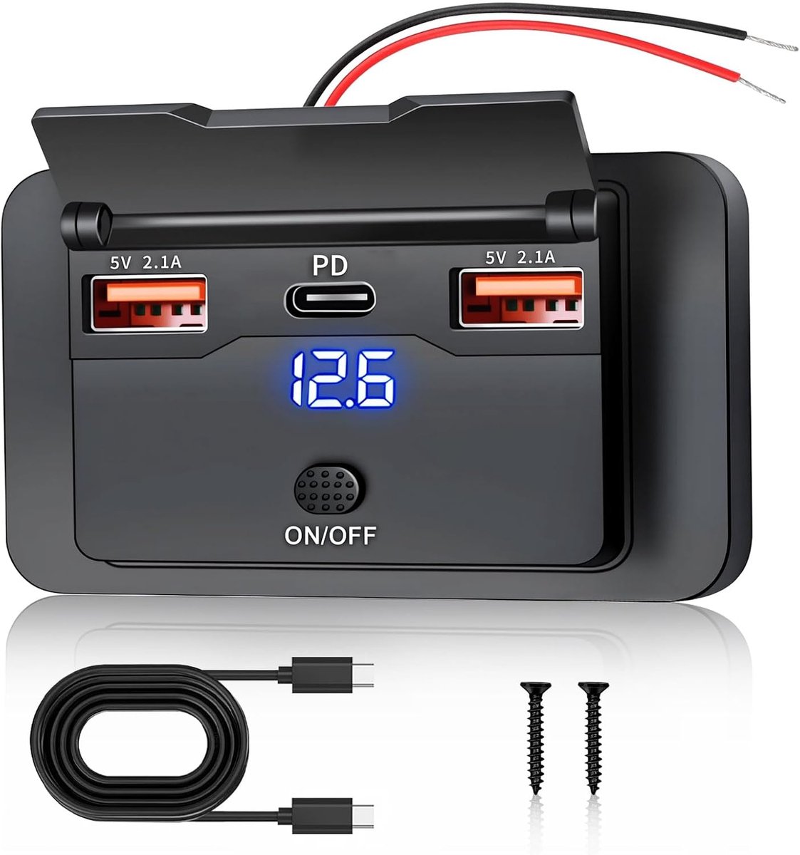 SnelShoppen - USB Oplaadpunt 12V voor Campers - Inbouw 3 Poorten 51W met Schakelaar, 36W PD & Dual USB 5V 2.1A - Autosnel opladen voor Camping en Reis