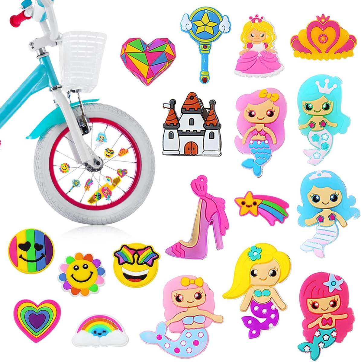 SnelShoppen - 18 Stuks Fiets Spaken Decoratie Set - Kleurrijke PVC Fietsversiering - Kindvriendelijke Regenbogen, Zeemeerminnen en Prinsessen - Voor F