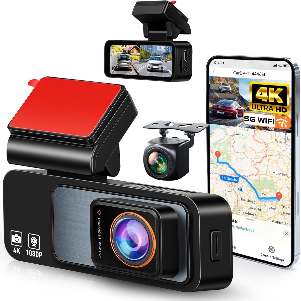SnelShoppen - 4K WiFi Dash Cam met App, 1080P Autocamera, 3.16 Inch IPS Scherm, Ultra Nachtzicht, 64GB Kaart, 24 Uur Parkeerbewaking, G-Sensor, Loopop