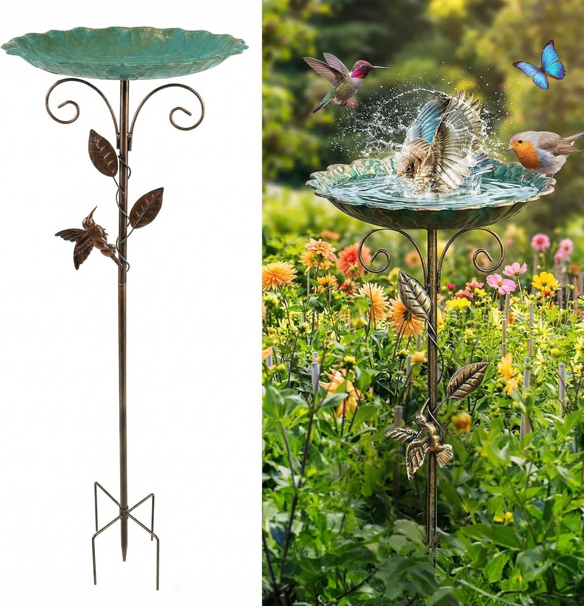 SnelShoppen - Metal Bird Bath - Vogelbad 76 cm - Stabiele 5-tandige Basis - Ideaal voor Tuin - Robuust en Weerbestendig - Groene Blad Motief - Voor Vo