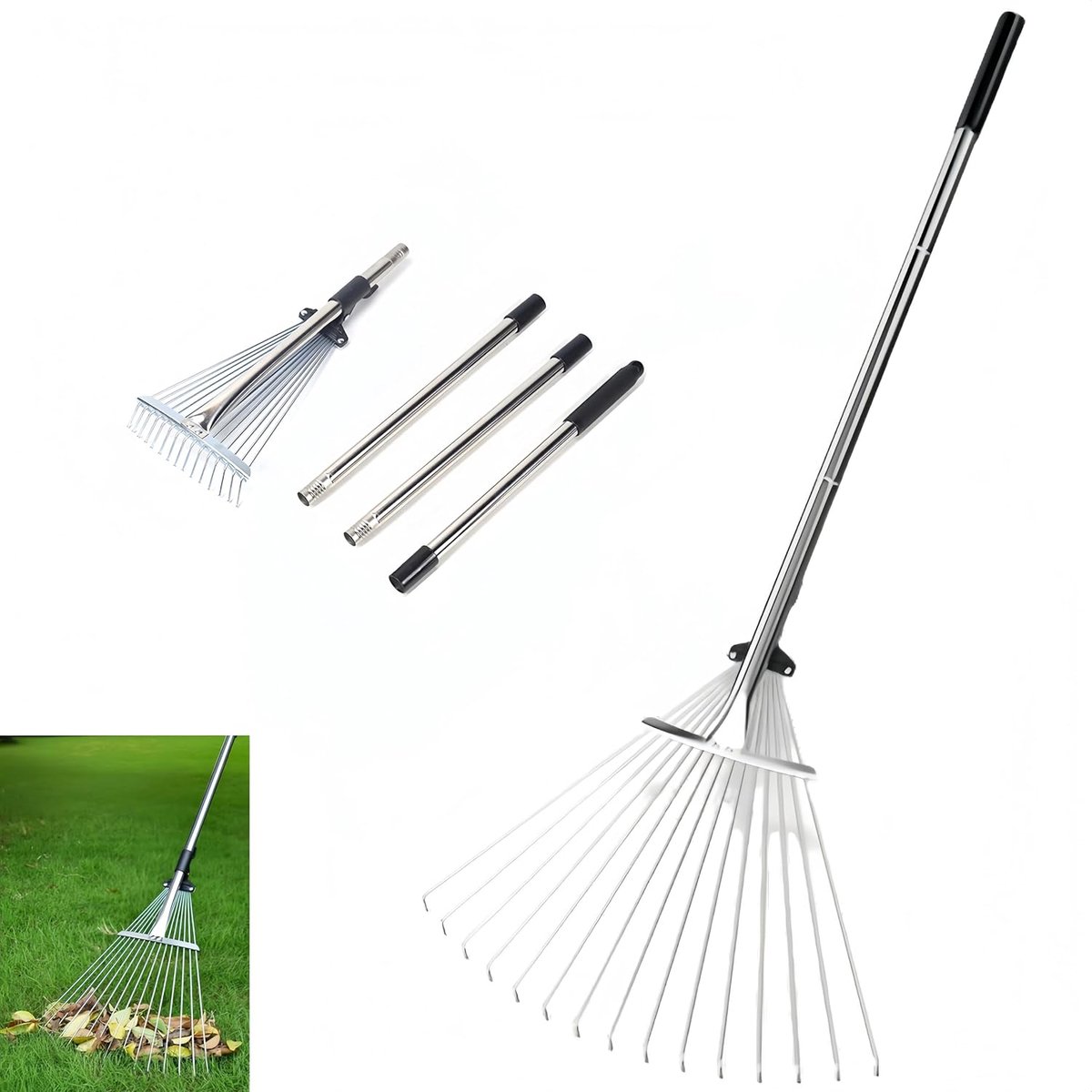 SnelShoppen - Garden Rake voor Bladeren, Verstelbare Houten Bladhark, Heavy Metal 85-175cm met Uitschuifbare Kop 17-37cm, Tuingereedschap voor Tuin, G