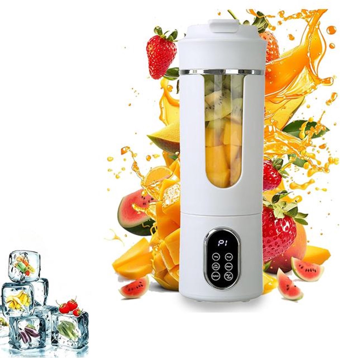 KZQ Draagbare Blender - Oplaadbare blender met digitaal display en grote capaciteit - USB-C-interface, automatische reiniging - Geschikt voor thuis, op reis en tijdens het sporten - 530 ml - Wit