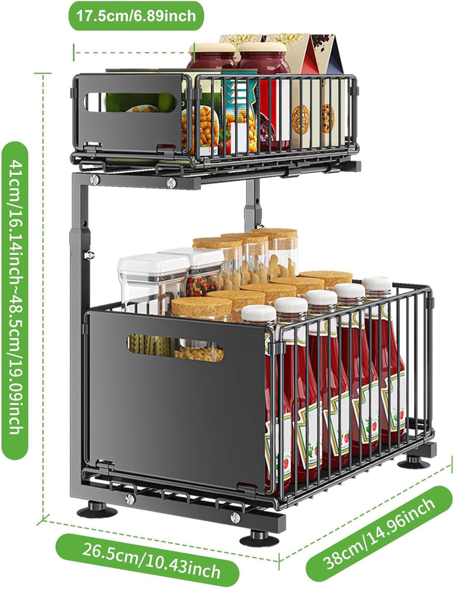OUYLAF Gootsteenkast organizer, Opberglade Voor Onder De Gootsteen Met 2 Niveaus, Uittrekbare Lade-Organizer, Metalen Schuifbare Opbergmand Voor Keuken, keukenkast organizer zwart — cadeau in Cadeau-ideeën - foto 3