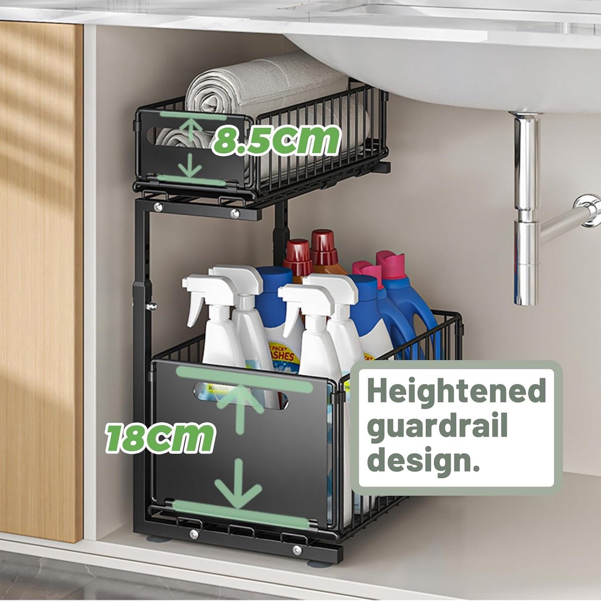 OUYLAF Gootsteenkast organizer, Opberglade Voor Onder De Gootsteen Met 2 Niveaus, Uittrekbare Lade-Organizer, Metalen Schuifbare Opbergmand Voor Keuken, keukenkast organizer zwart — cadeau in Cadeau-ideeën - foto 4