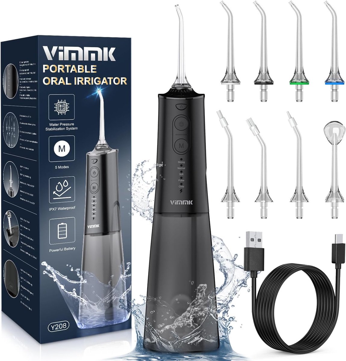 SnelShoppen - Draadloze Mondspoeler met 5 Drukniveaus, 8 Opzetstukjes, Oplaadbaar en Waterdicht IPX7, 300 ml Tank - Zwart