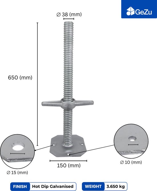 GeZu Impex Steiger spindel Ø 38 x 650 mm | Set van 4 set van 4 Thermisch Verzinkt verstelbare voetspindel steigertoren
