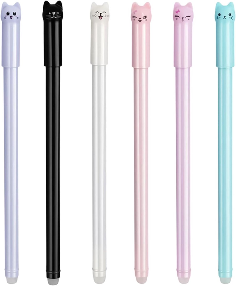SnelShoppen - 6 Stuks Uitwisbare Balpen 0.5mm Gelpennen met Blauw Inkt, Schattige Kat Ontwerp Perfect voor School en Kantoorbenodigdheden