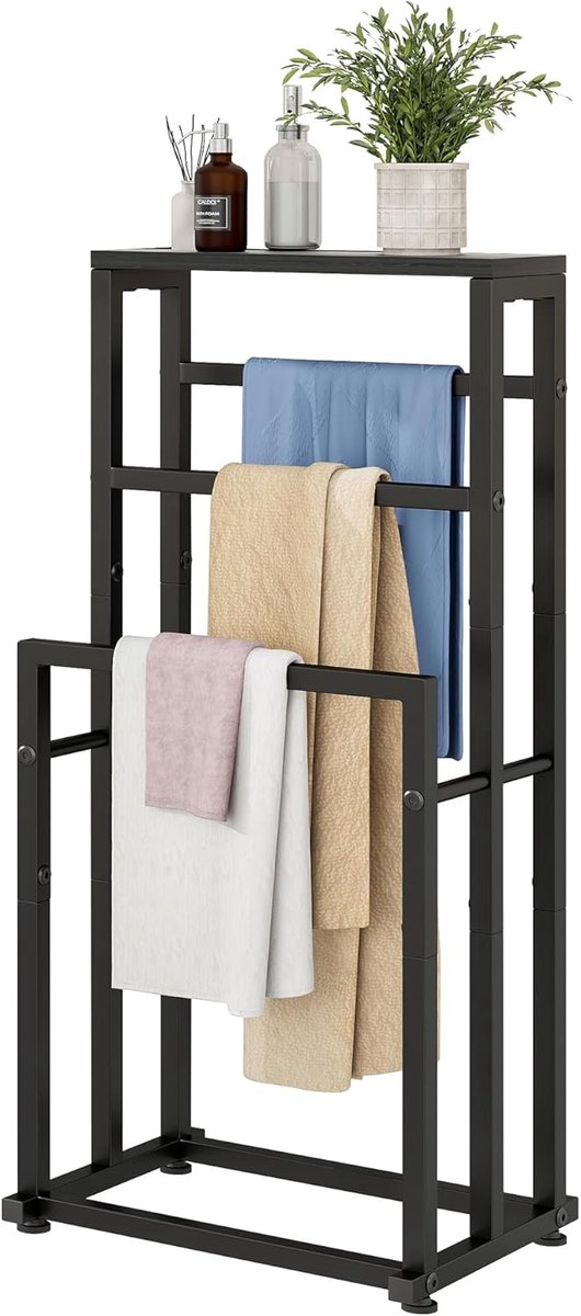 SnelShoppen - Vrijstaande Handdoekenrek voor Badkamer, 3 Laags Metaal Ladderhouder voor Dekens, Droog- en Presentatierek met Plank voor Slaapkamer, Wo