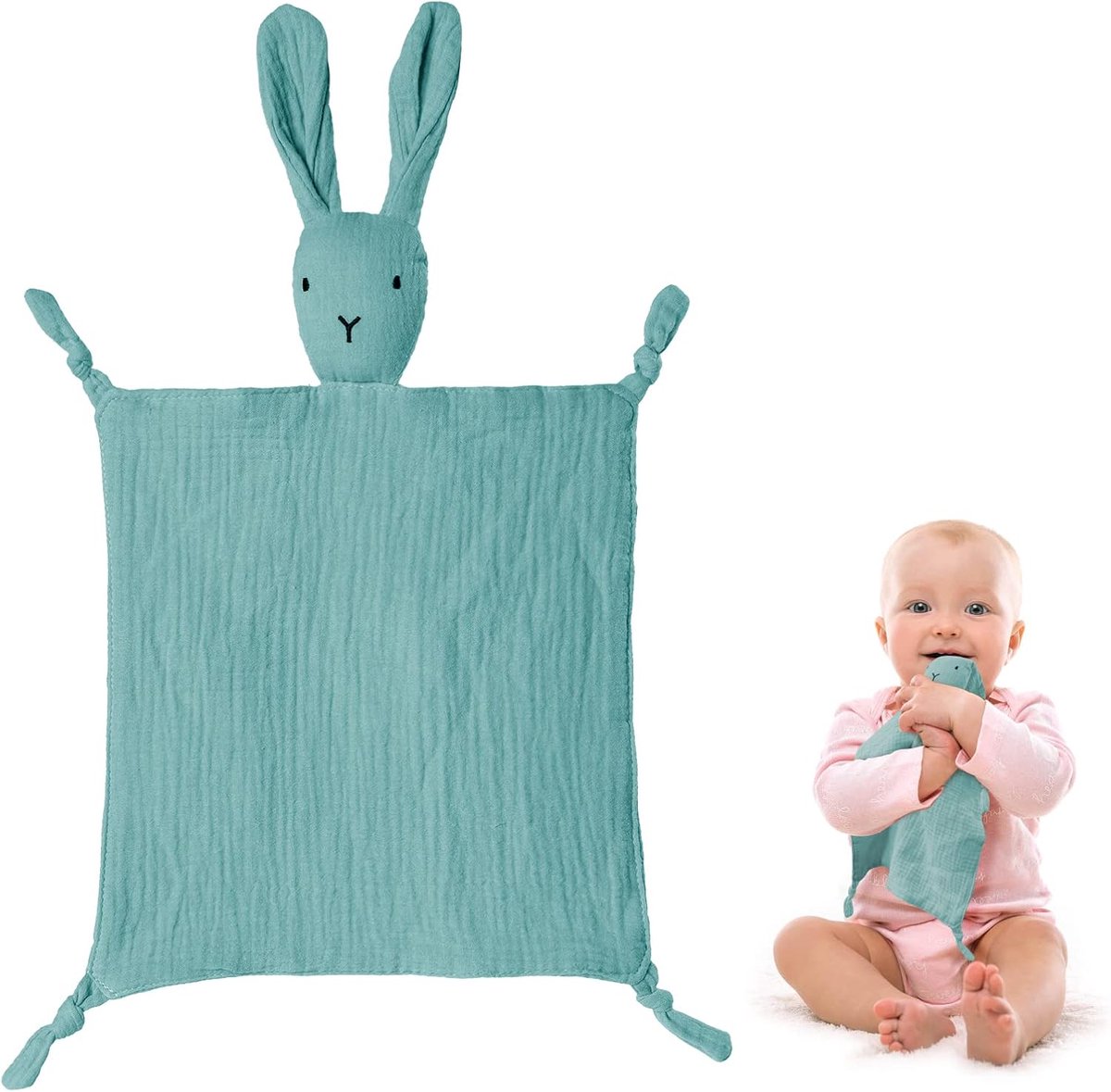 SnelShoppen - Cuddly Blanket met Konijnenhoofd - 100% Organic Cotton Tulle - Baby Deken voor Jongens en Meisjes - Multifunctioneel 31x31 cm - Lichtbla