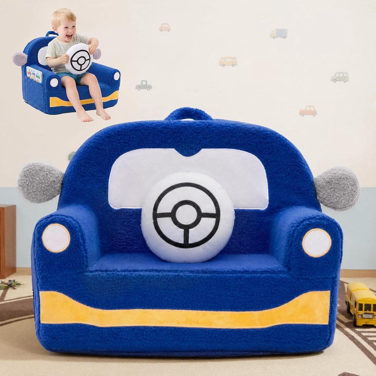 SnelShoppen - OUOZZZ Kinder Sofa en Kinderstoel, Mini Sofa voor Kinderen van 1-3 Jaar, Zachte Sherpa Kinderstoelen met Kussen, Auto Ontwerp in Blauw v