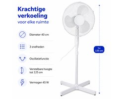 Krachtige Staande Ventilator – 40 cm – 3 Snelheden – Oscillatiefunctie – Verstelbare Hoogte tot 125 cm – 45 W – Wit
