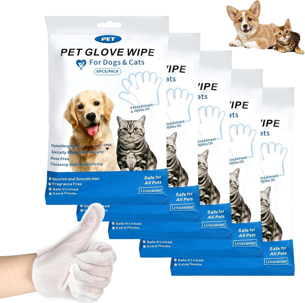 SnelShoppen - Pack van 30 Hond Grooming Wipes - Schoonmaak en Deodoriserende Hond Nat Wipes, Hondendoekjes in Handschoenvorm voor Buitenhuisdieren - I